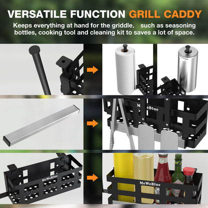 Griddle Caddy for 28"-36" Griddles/Prep Cart with Double Magnetic Tool Holder&Paper Towel Holder&6 J-Hooks, Space Saving Grill Accessories Storage Caddy, BBQ Accessories Holder for Outdoor Grill