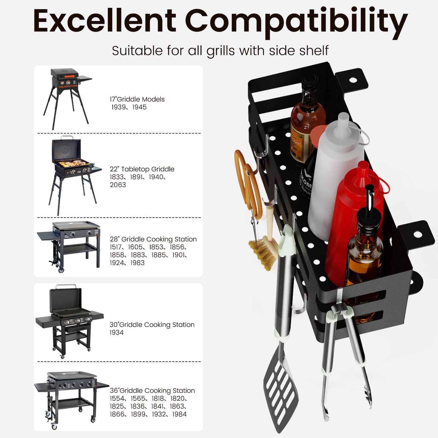 Griddle Caddy for Blackstone Griddle Accessories, Space Saving Grill Accessories Storage Caddy, BBQ Accessories Holder for Blackstone 28”-36” Griddle with a Magnetic Tool Holder and 6 J-Hooks